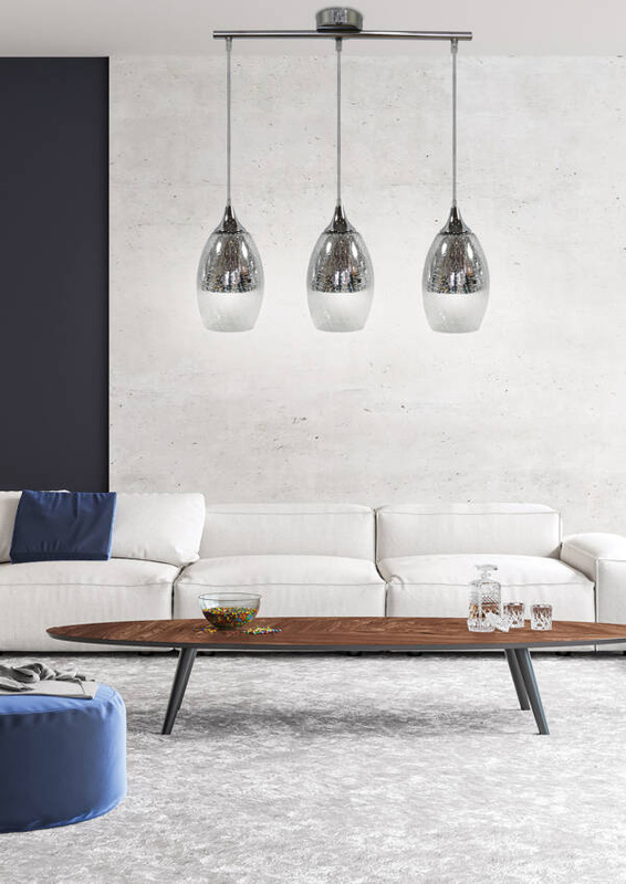 Srebrna lampa wisząca szklana regulowana 3-płomienna do salonu CELIA