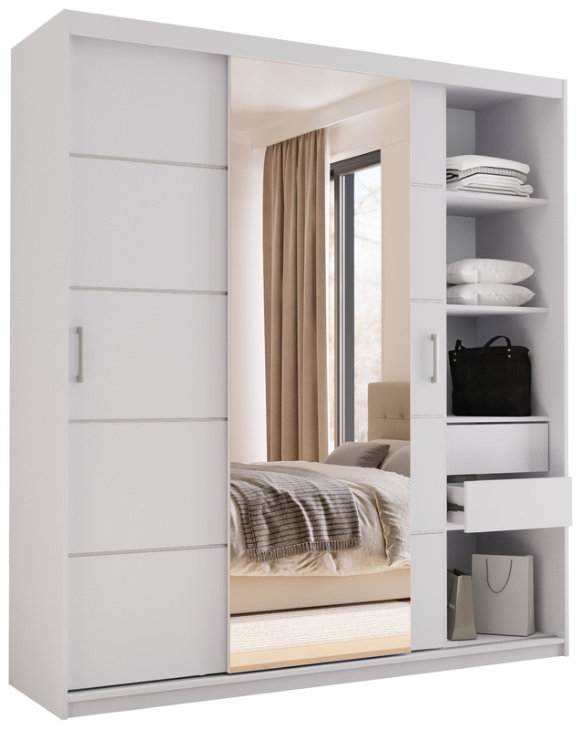 Szafa przesuwna do sypialni z lustrem 180 cm biała HOT