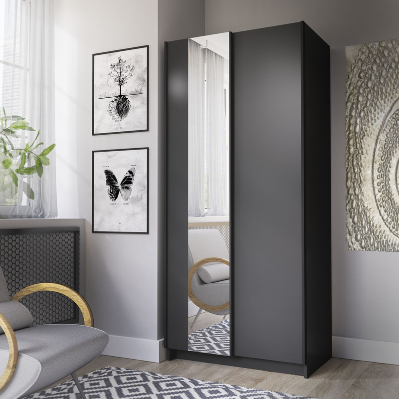 Czarna szafa przesuwna 80 cm z lustrem SOLFY do sypialni