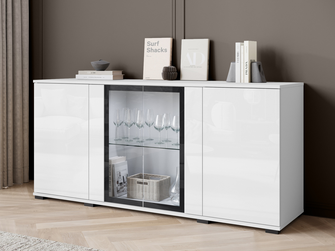Komoda 150 cm biały połysk z witryną do salonu CADO