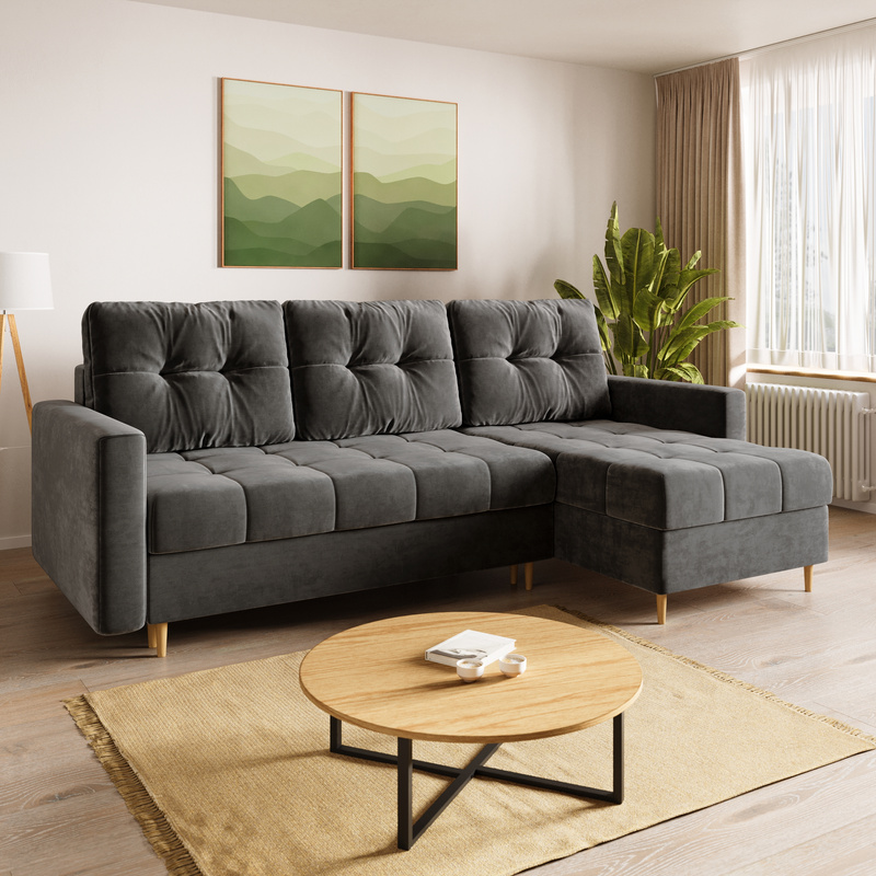 Welurowy szary narożnik z funkcją spania i pojemnikiem na pościel LIZBONA