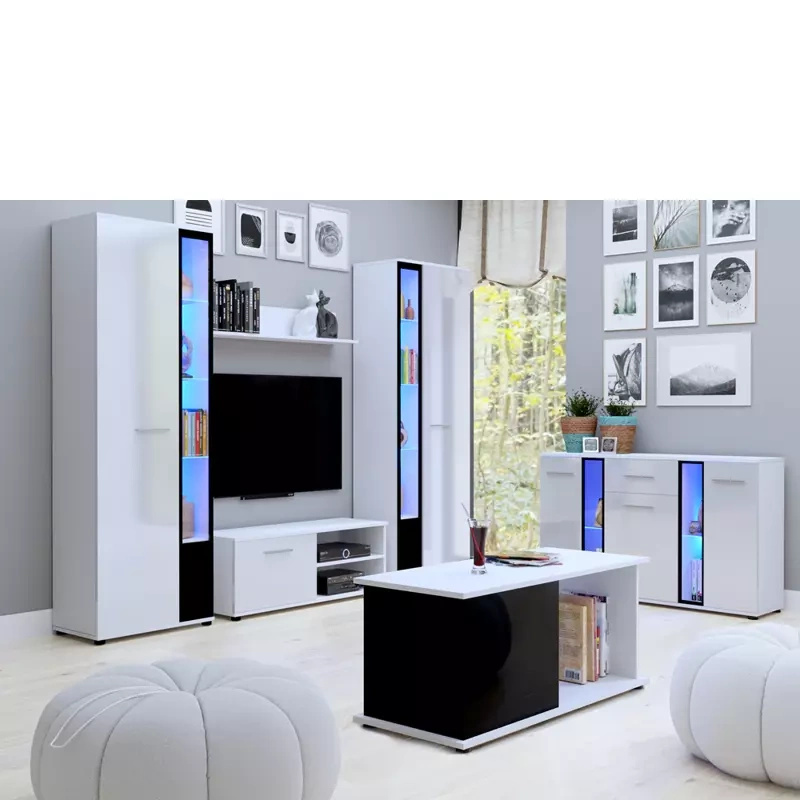 Meble do salonu z komodą i ławą biały połysk CUBE XL