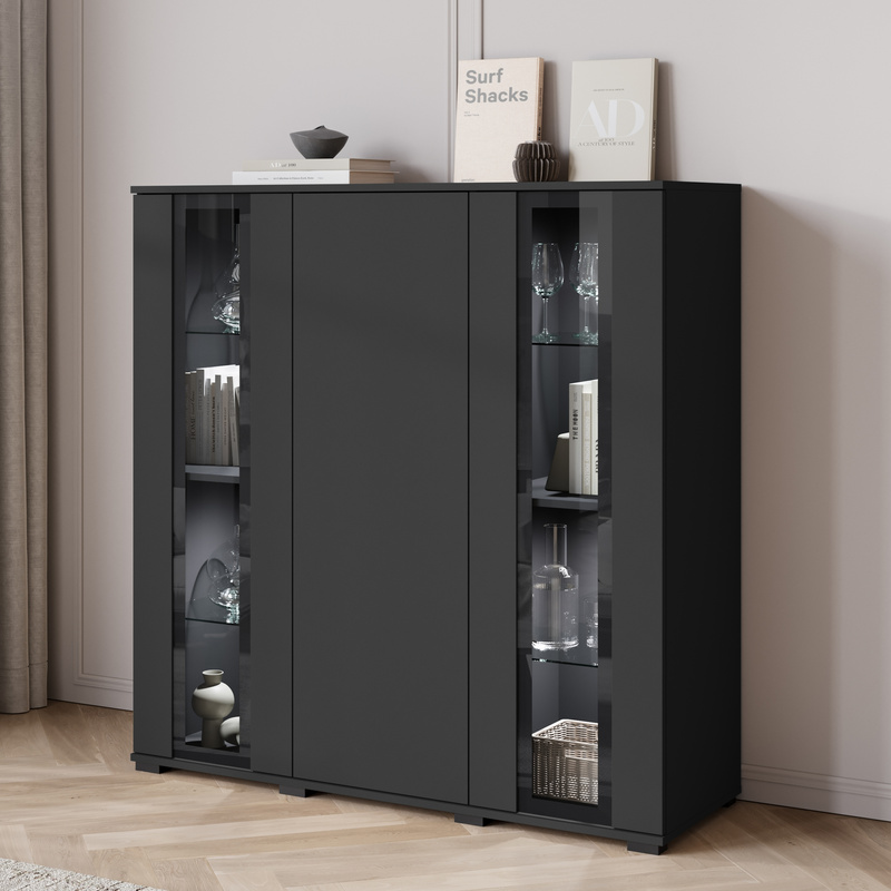 Czarna komoda z witryną 120 cm do salonu CADO