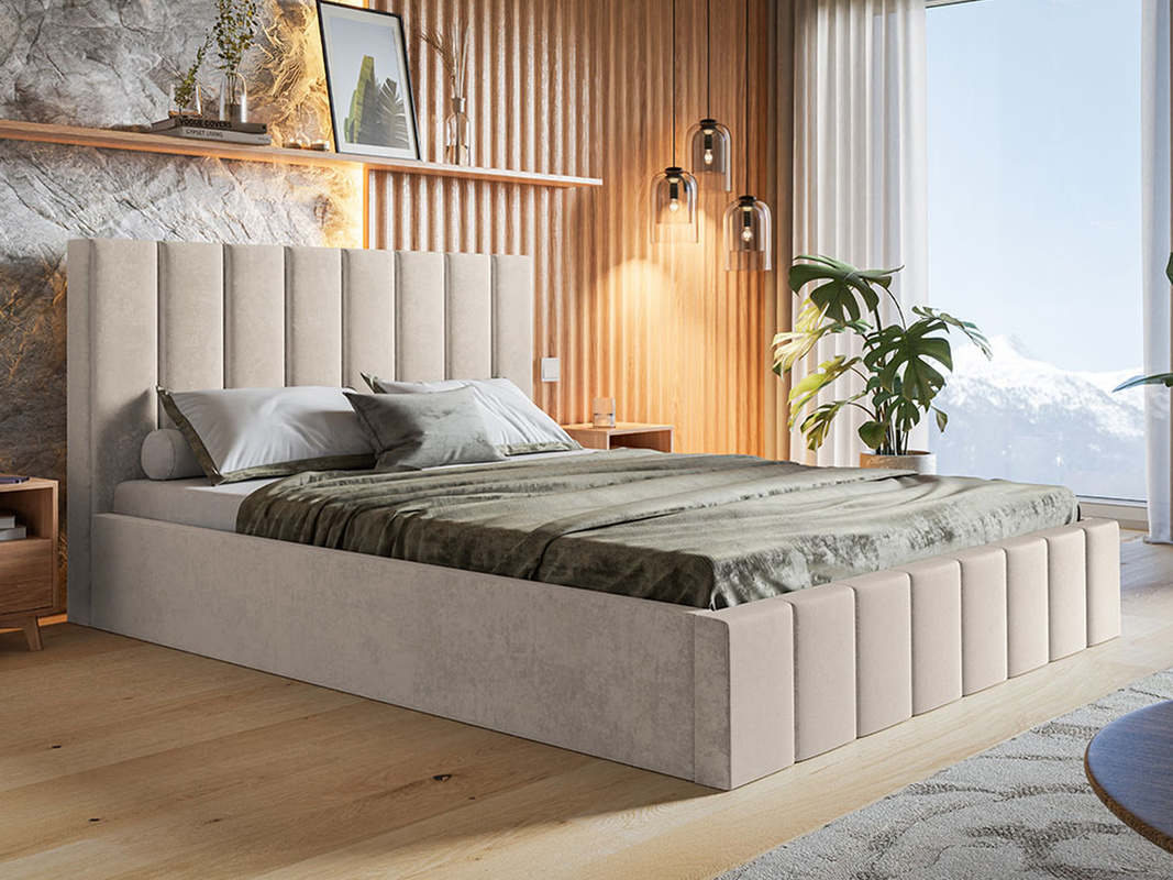 Beżowe łóżko tapicerowane 140x200 cm ze stelażem i pojemnikiem PASOT