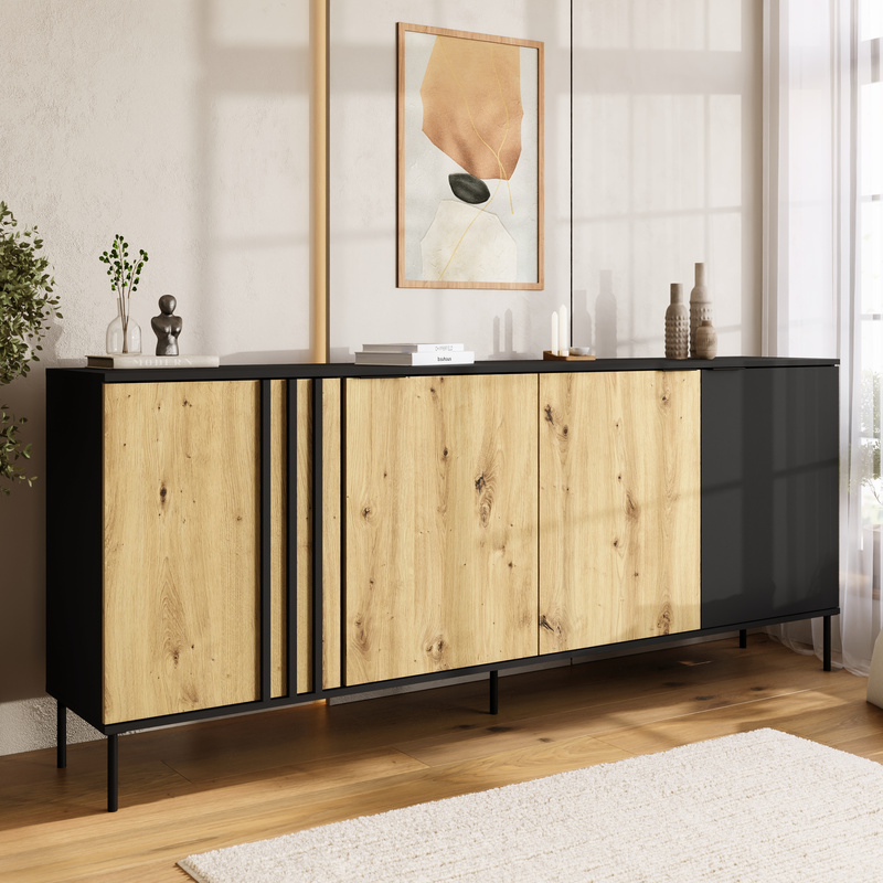 Komoda 220 cm czterodrzwiowa RUSTICA do salonu czarna