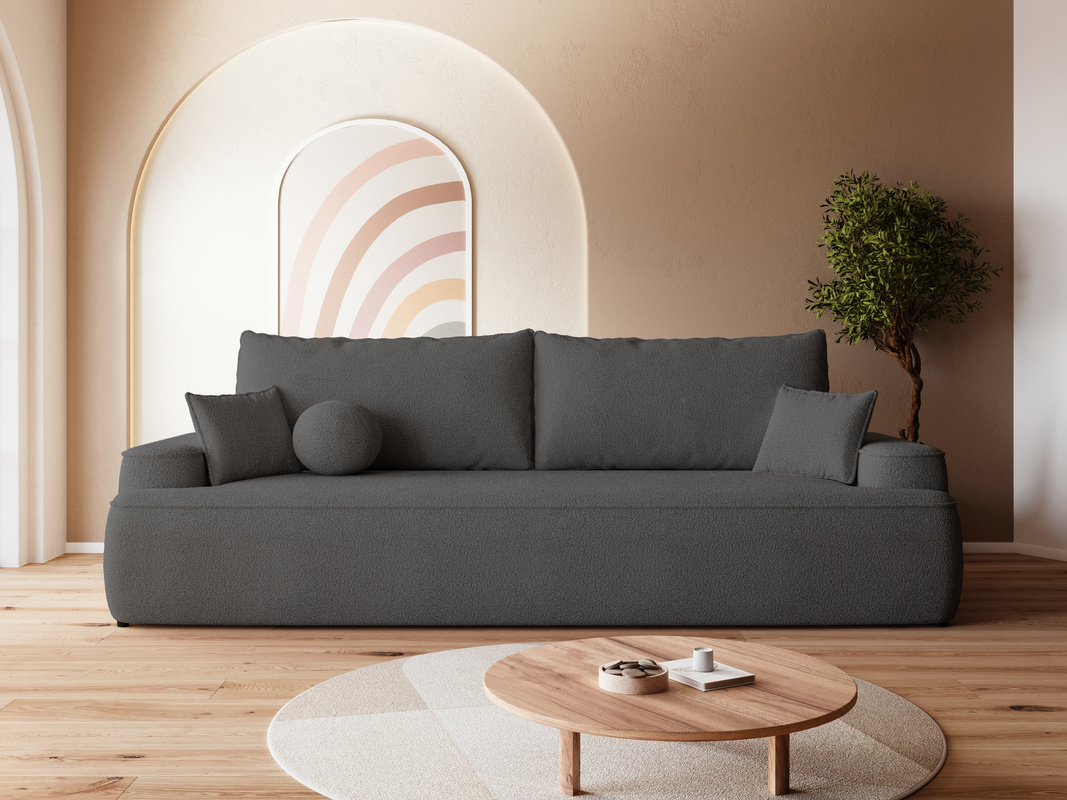 Ciemnoszara sofa z funkcją spania i pojemnikiem CARMELLO boucle