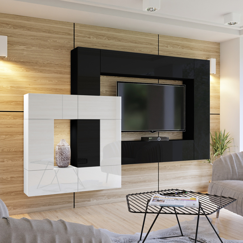 Meblościanka do salonu biało czarna połysk PREMIUM