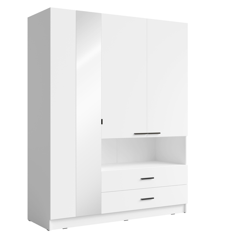 Biała szafa trzydrzwiowa 158 cm TIVARO do sypialni z półkami i szufladami