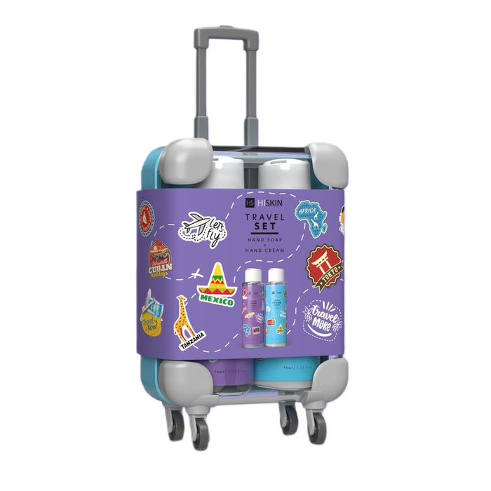 HISKIN TRAVEL SIZE SET Walizka, krem do rąk i mydło w płynie, 2 x 75 ml
