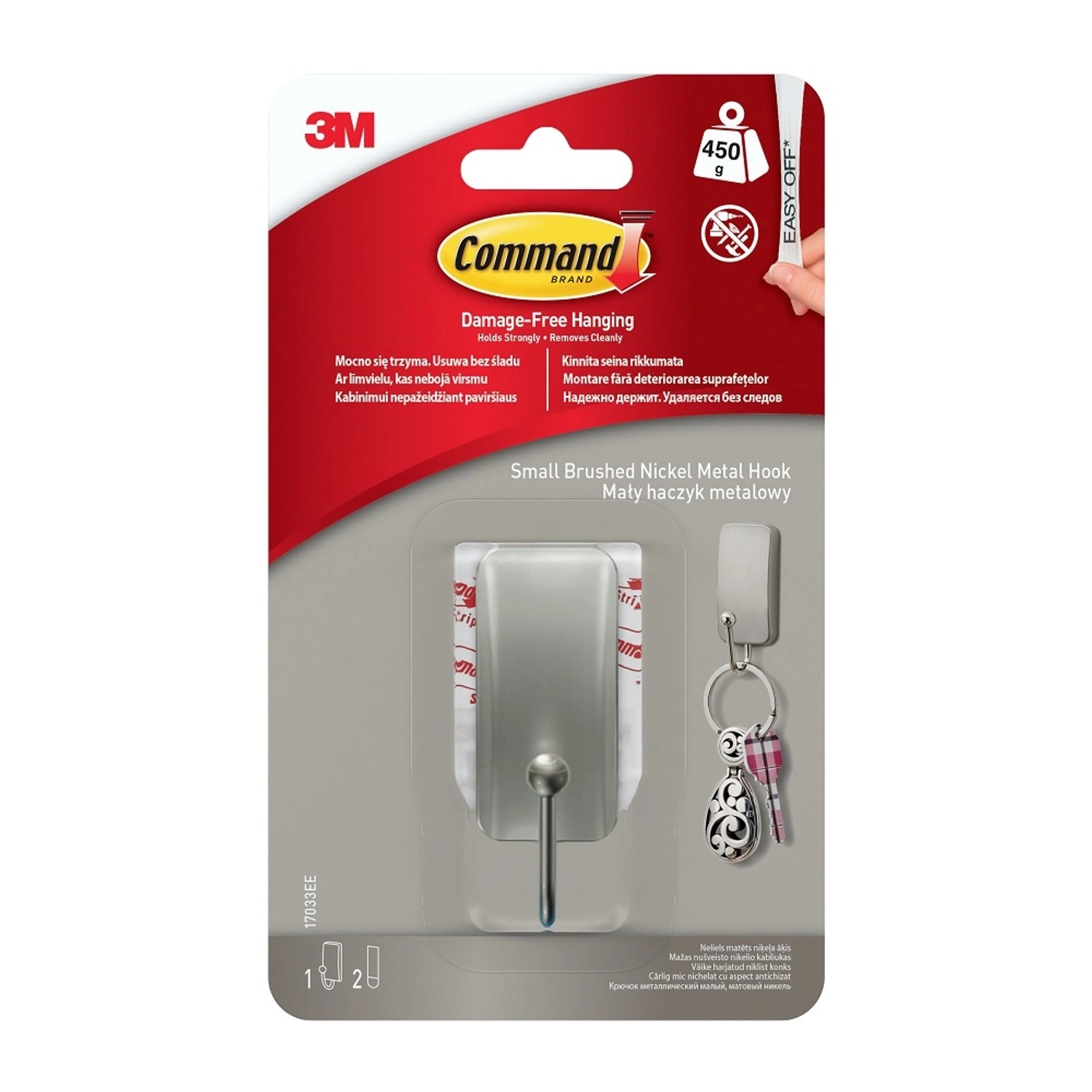 3M Command Mały haczyk, srebrny, usuwalny, do 450 g 1 szt.