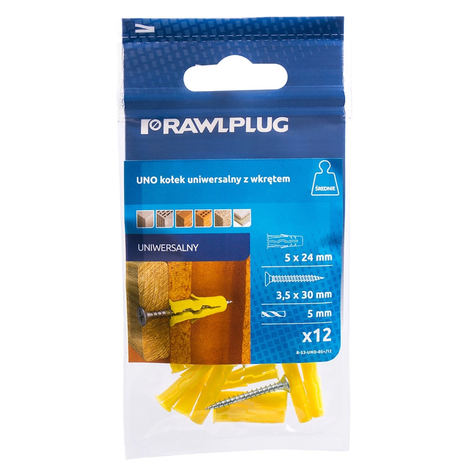 Rawlplug Kołek UNO uniwersalny 5x24mm z wkrętem 12 szt