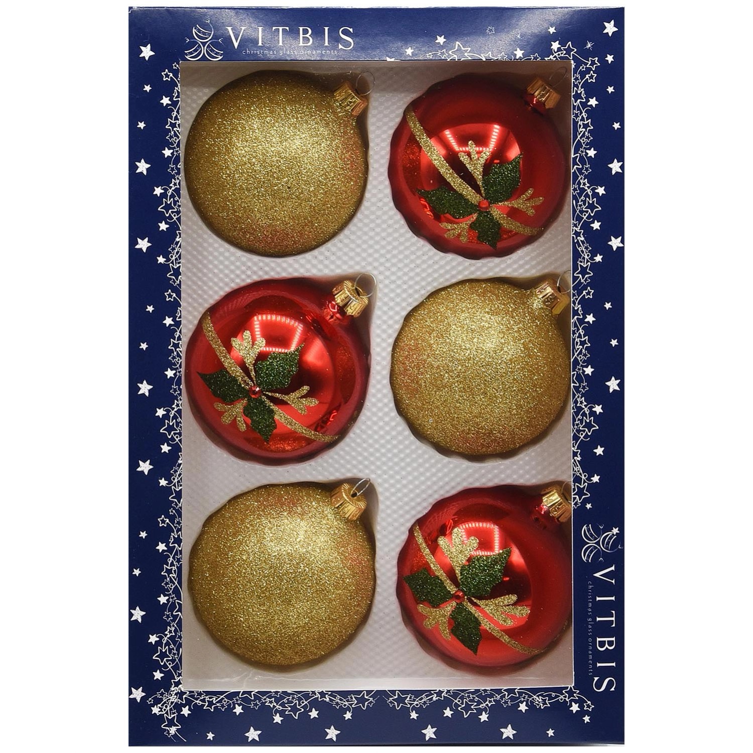 Bombki szklane czerwone z tradycyjnym dekorem śr. 8 cm, mix - 6 szt.