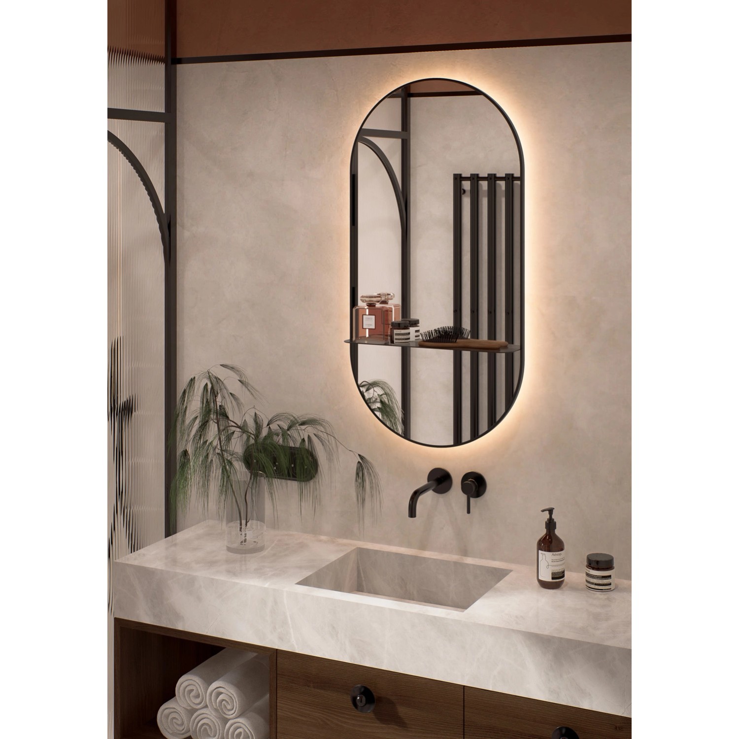 Lustro z LED Oval Line czarna rama z półką 100x50