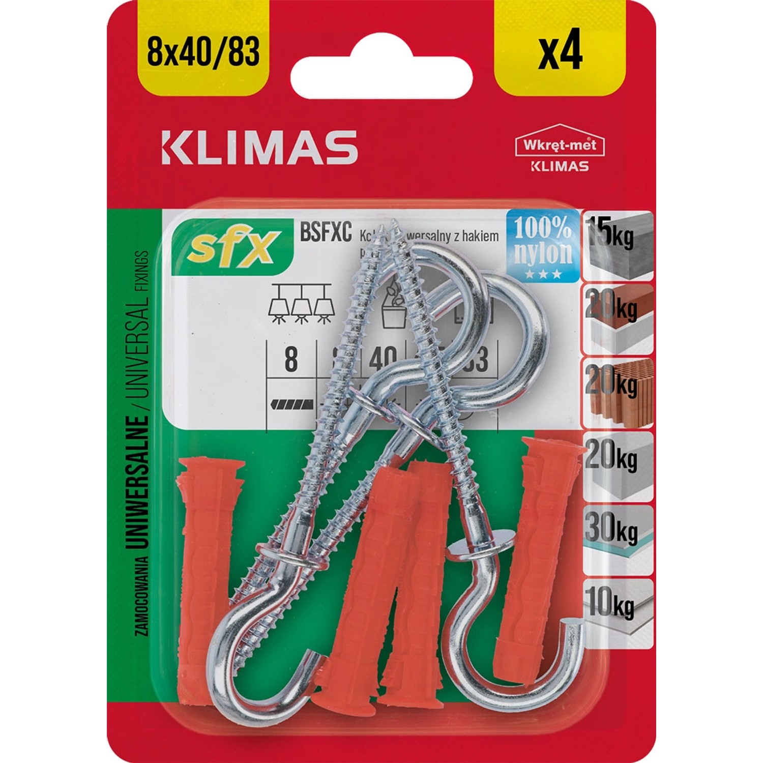 Wkręt-met Kołek SFX uniwersalny 8x40mm z hakiem półpełnym 4szt