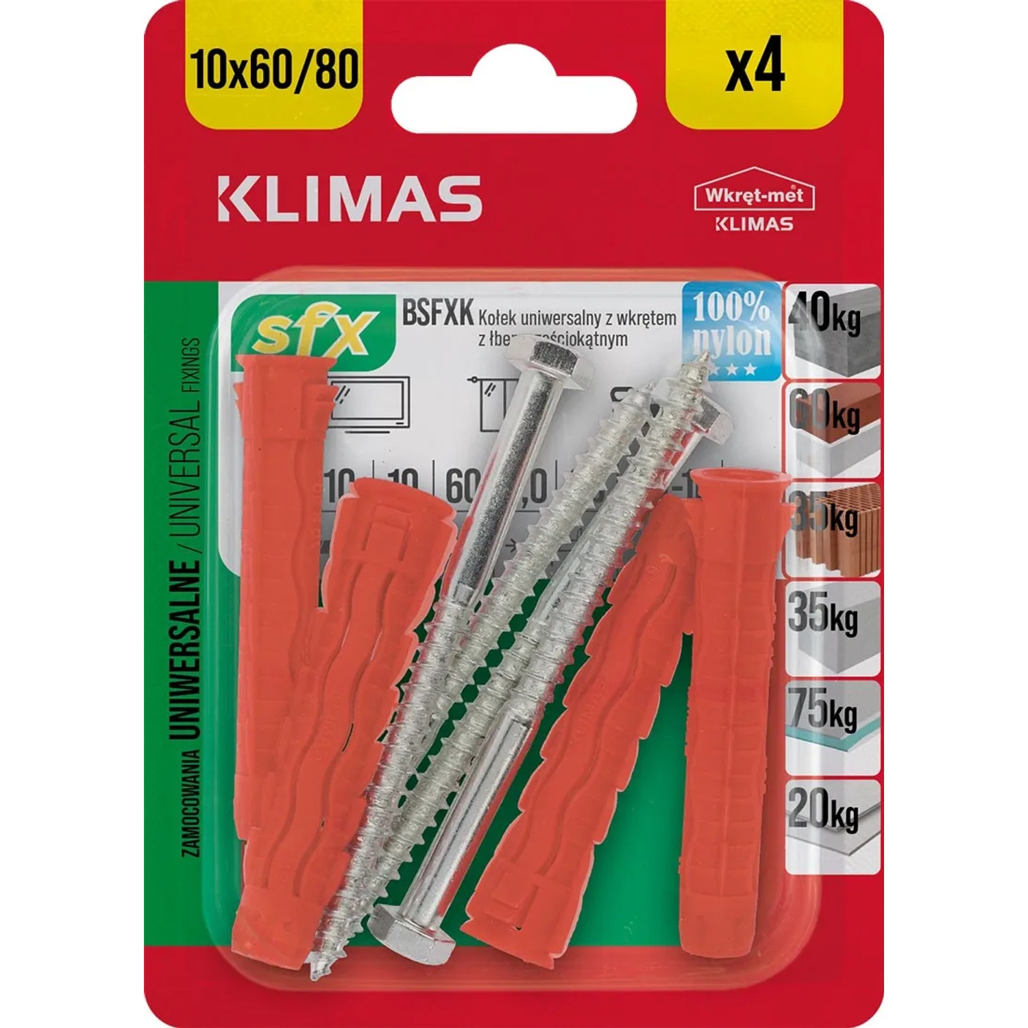 Wkręt-met Kołek SFX uniwersalny 10x60mm z łbem 6-kątnym 4szt