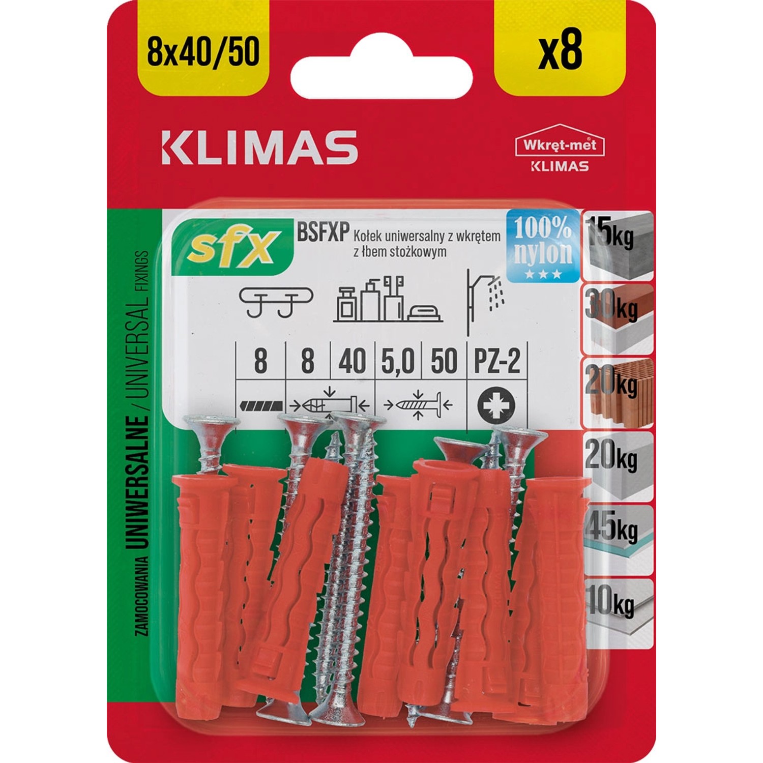 Wkręt-met Kołek uniwersalny SFX do wszystkich podłoży 8x40 z wkrętem hartowanym