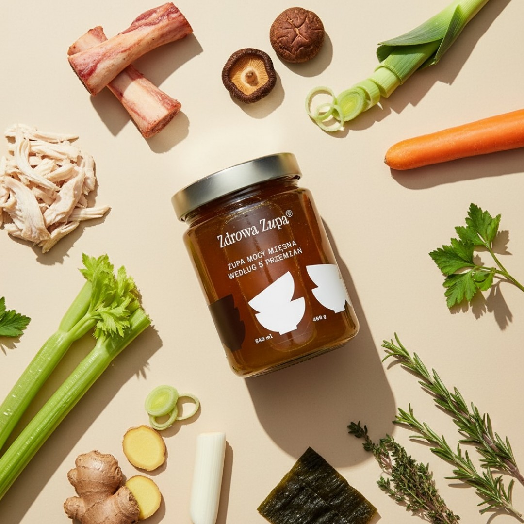 Zupa mocy mięsna bulion według 5 przemian (długo gotowany bulion, bez glutenu, bez laktozy, czysty skład 540 ml, do lodówki)
