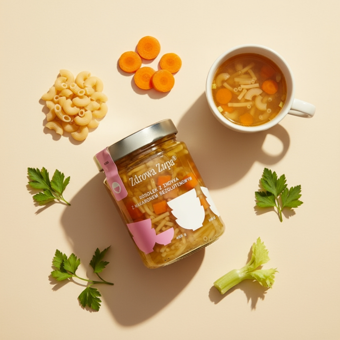 Rosołek z indyka z makaronem bezglutenowym (bez glutenu, bez laktozy, niska zawartość sodu, czysty skład 540 ml, do lodówki)