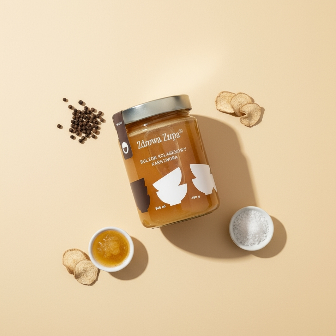 Bulion kolagenowy Karniwora (długo gotowany, bez glutenu, bez laktozy, keto, carnivore, czysty skład 540 ml, do lodówki)