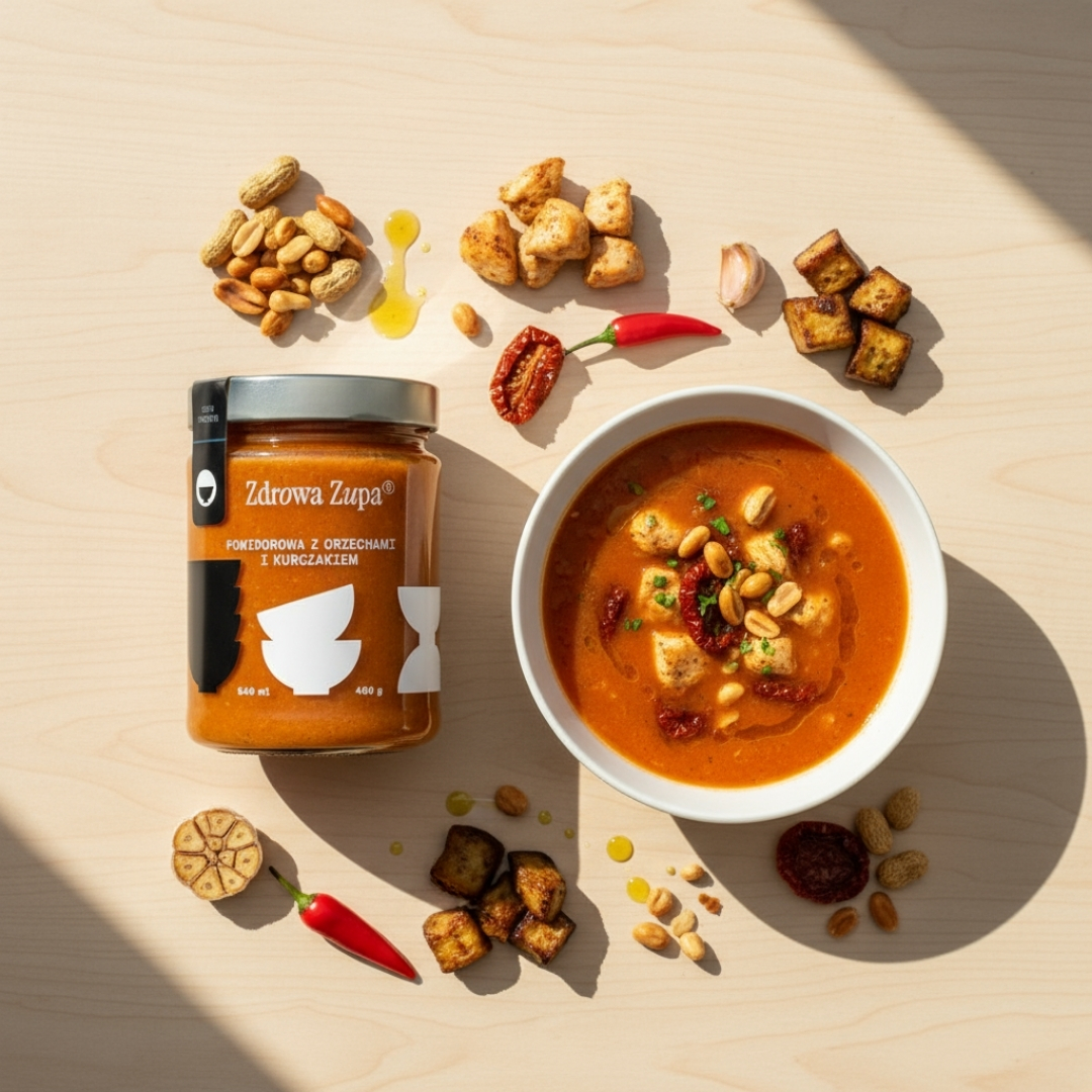 Wysokobiałkowa pomidorowa z orzechami i kurczakiem (high protein, 29g białka, spalanie, bez glutenu, bez laktozy, czysty skład 540 ml, do lodówki)