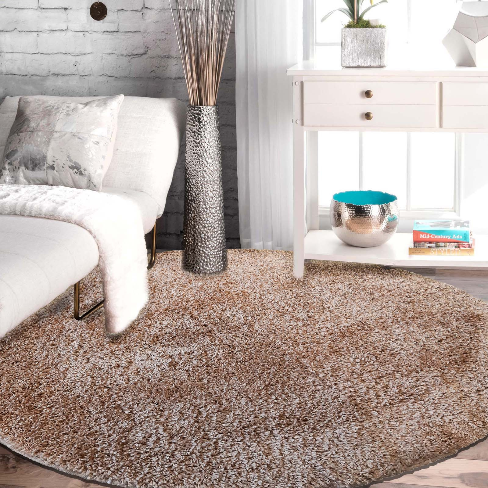 Dywan okrągły Kayoom - typu Shaggy nowoczesny, mięciutki - karmel