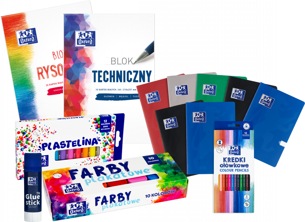 Zestaw: Wyprawka Oxford Klasa 1-3, 13 elementów (zeszyty, bloki, kredki, plastelina, farby, klej)