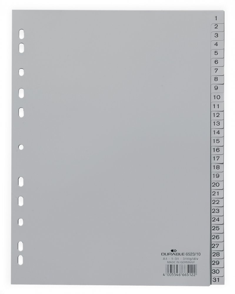 Przekładki do segregatora Durable, plastikowe, numeryczne, A4, 1-31 kart, szary
