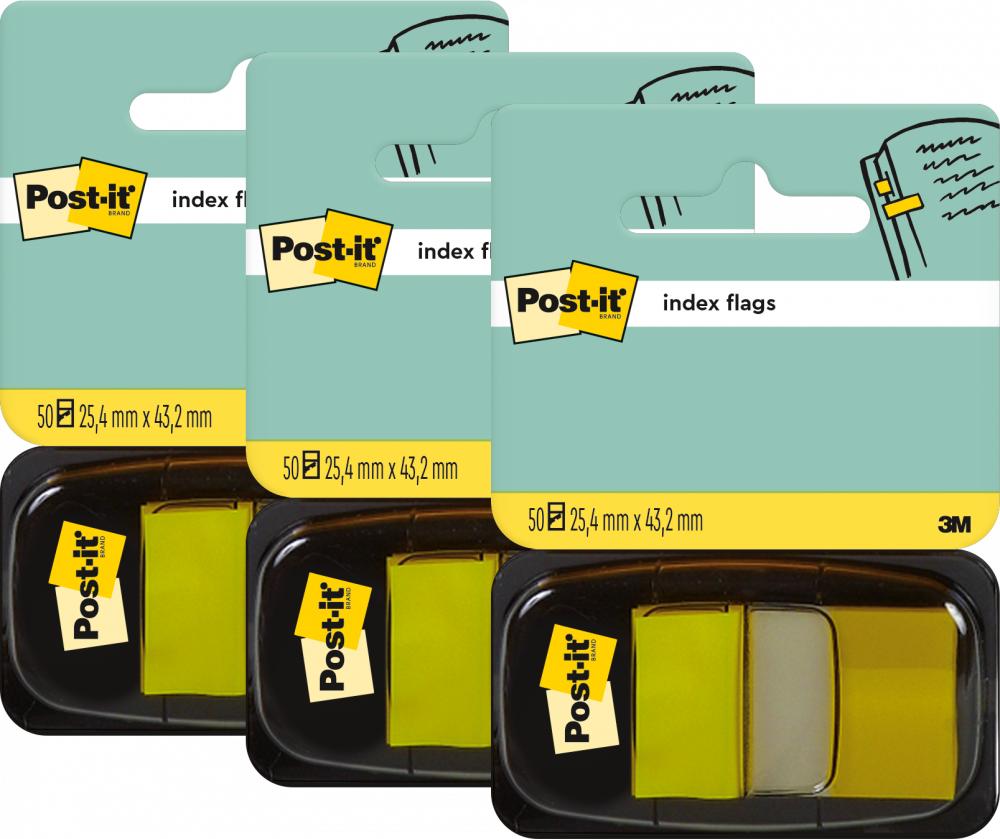 3x Zakładki samoprzylepne Post-it proste, indeksujące, folia, pótransparentne, 25x43mm, 1x50 sztuk, żółty