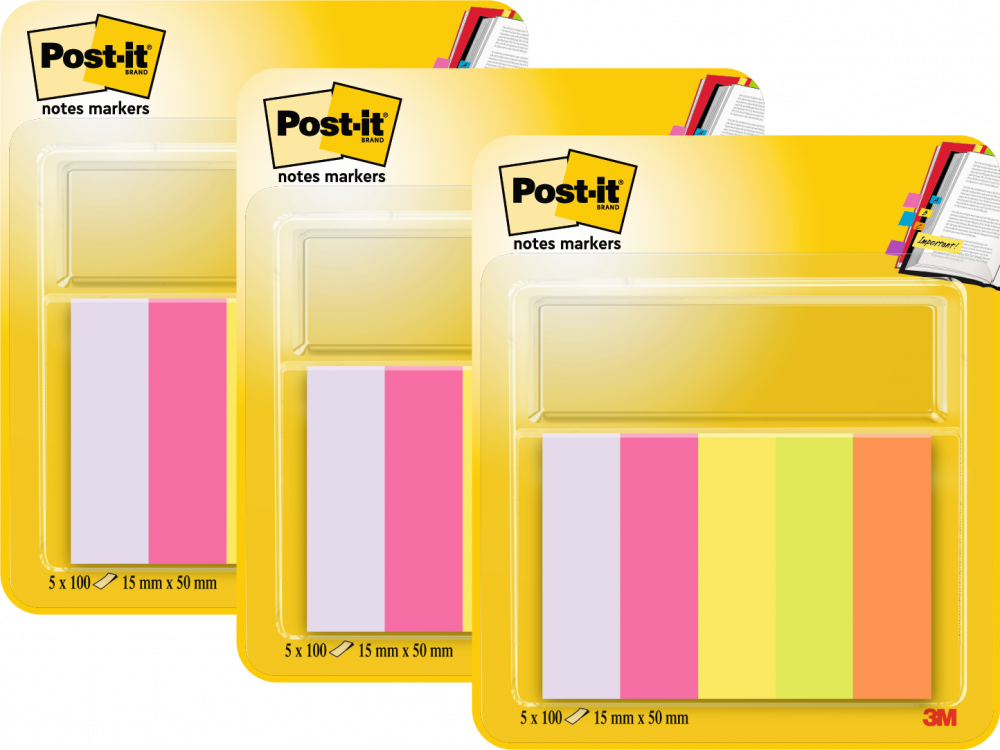 3x Zakładki samoprzylepne Post-it proste, indeksujące, papier, 15x50mm, 5x100 znaczników, mix kolorów neonowych