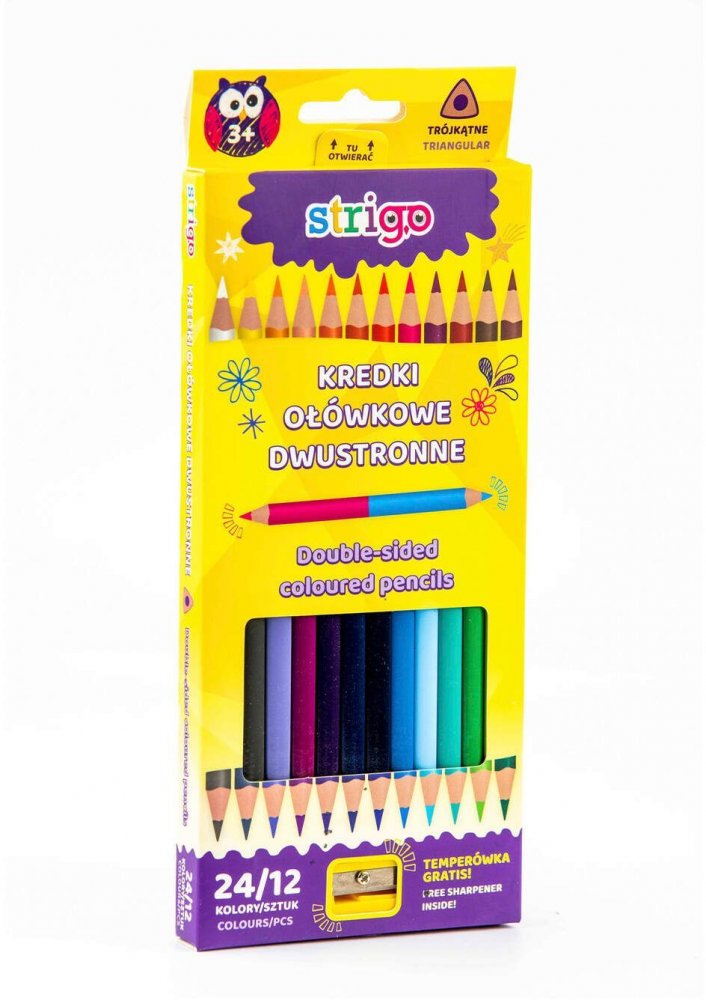 Kredki ołówkowe Strigo, dwustronne, trójkątne, 12 sztuk/24 kolory+ temperówka