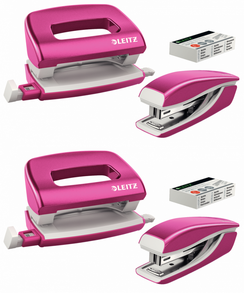 2x Zestaw zszywacz i dziurkacz Leitz Mini NeXXt Wow, metalowy, różowy