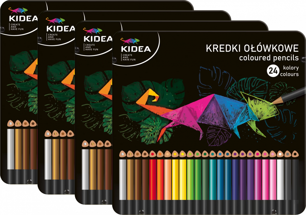 4x Kredki ołówkowe Kidea, trójkątne, w metalowym pudełku, 24 sztuki, mix kolorów