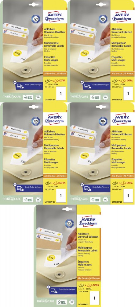 5x Etykiety samoprzylepne usuwalne Avery Zweckform, 210x297mm, 25 arkuszy + 5 gratis, biały