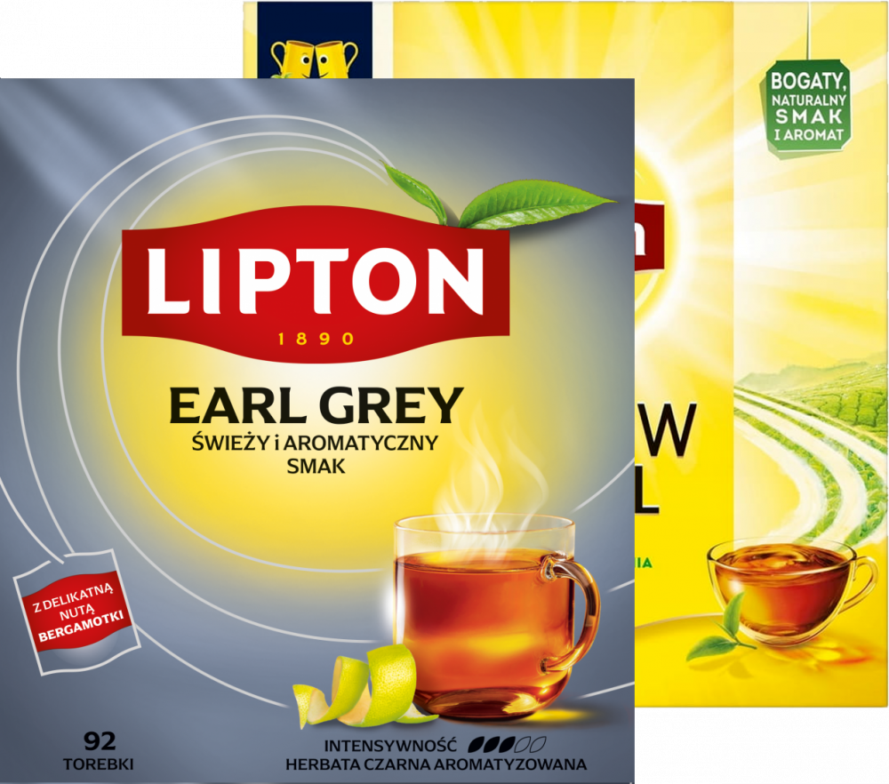 Zestaw: Herbata czarna w torebkach Lipton Yellow Label, 100 sztuk x 2g + Herbata Earl Grey w torebkach Lipton, 92 sztuki x 1.5g