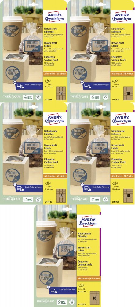 5x Etykiety na produkty Avery Zweckform, 62x42mm, 25 arkuszy, brązowy