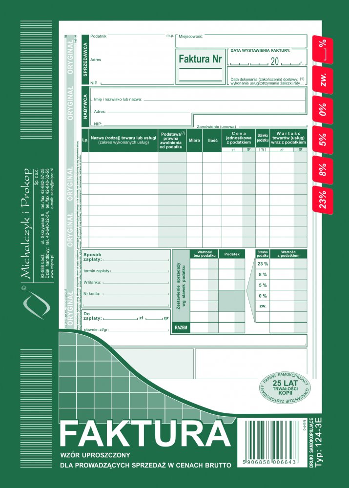 Druk akcydensowy faktura VAT brutto uproszczona MiP 124-3E, A5, 1 kopia, 80k