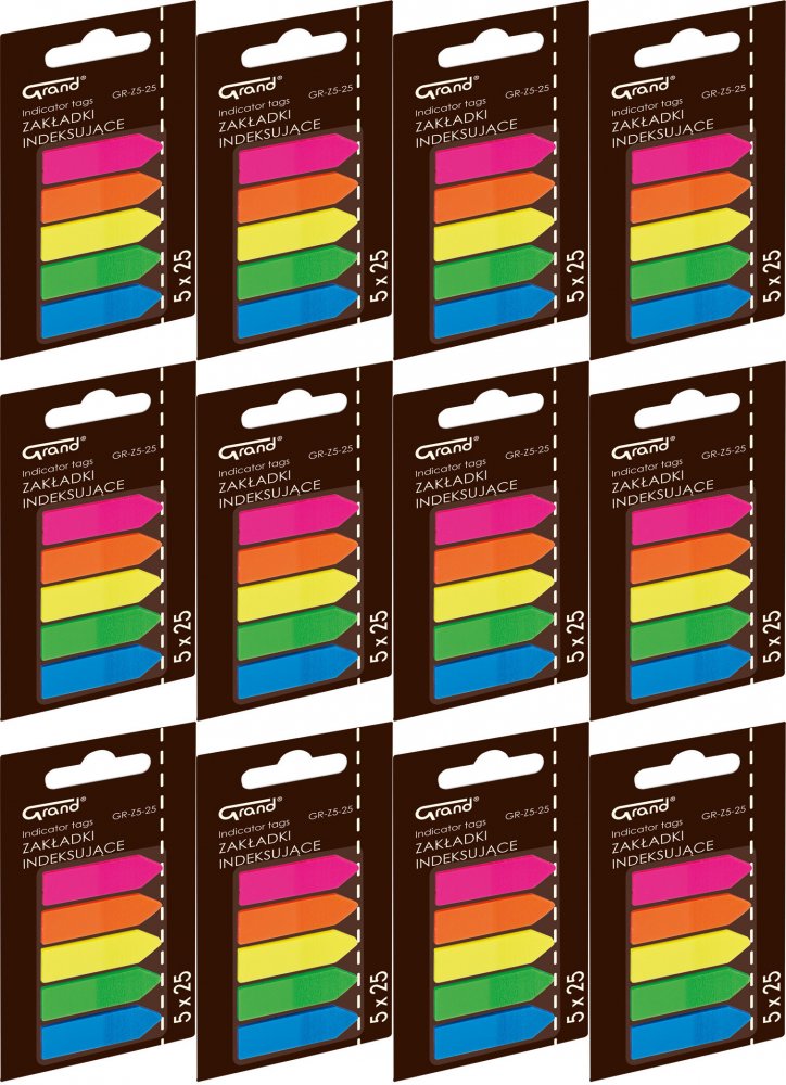 12x Zakładki samoprzylepne Grand GR-Z5-25, strzałki, indeksujące, folia, 45x12mm, 5x25 sztuk, mix kolorów