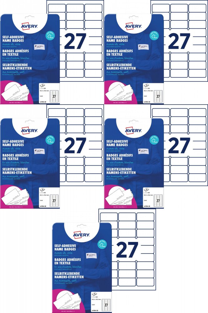 5x Identyfikator samoprzylepny Avery Zweckform, 63.5x29.6mm, sztuczny jedwab, 20 arkuszy, biały