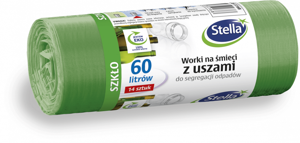 Worki na śmieci Stella, na szkło, 60l, 14 sztuk, zielony