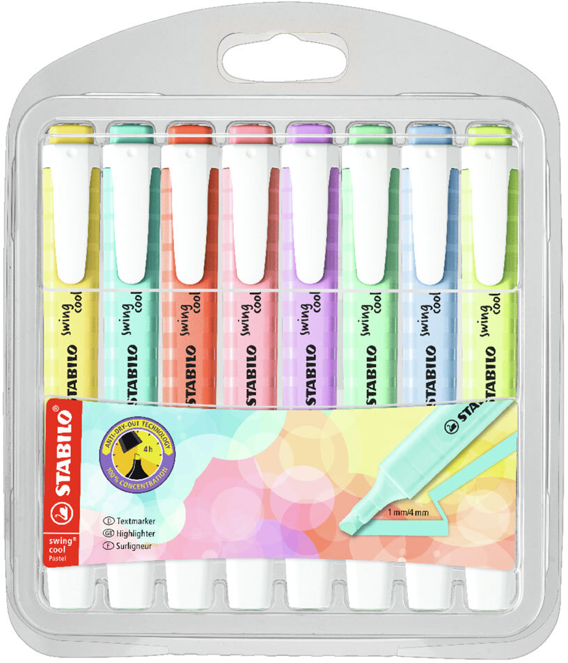 Zakreślacz Stabilo Swing Cool Pastel, ścięta, etui, 8 sztuk, mix kolorów