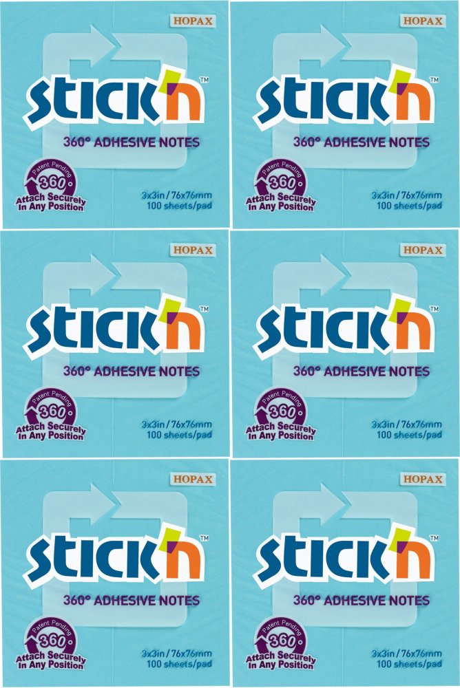 6x Karteczki samoprzylepne Stick'n 360 stopni, 76x76mm, 100 karteczek, niebieski pastelowy