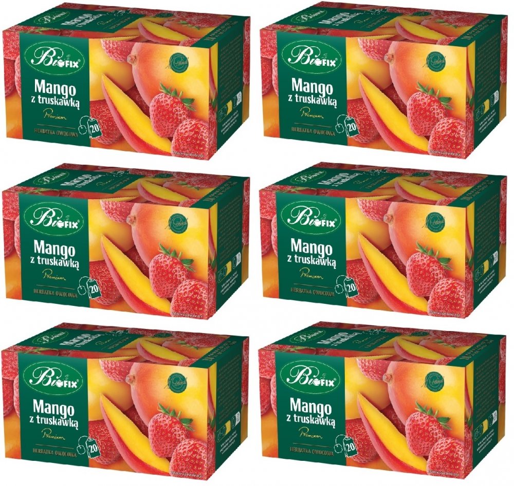 6x Herbata owocowa w kopertach BiFix Premium, mango z truskawką, 20 sztuk x 2g