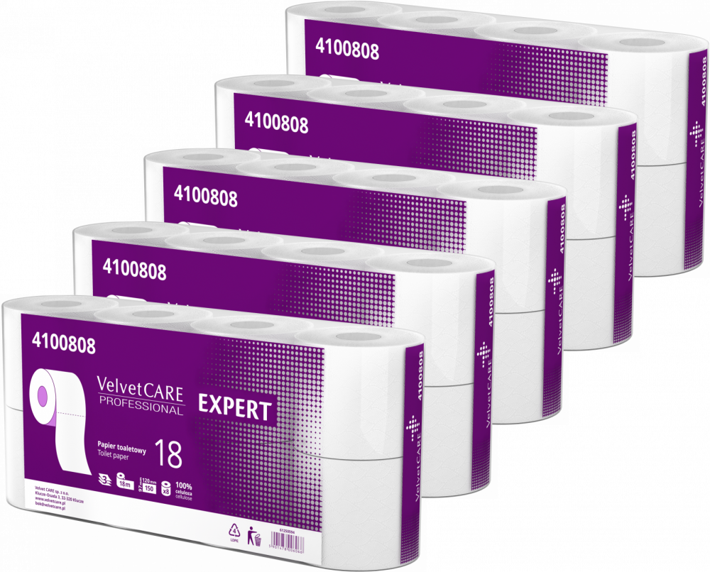 5x Papier toaletowy VelvetCARE Professional, 3-warstwowy, 18m, 8 rolek, biały