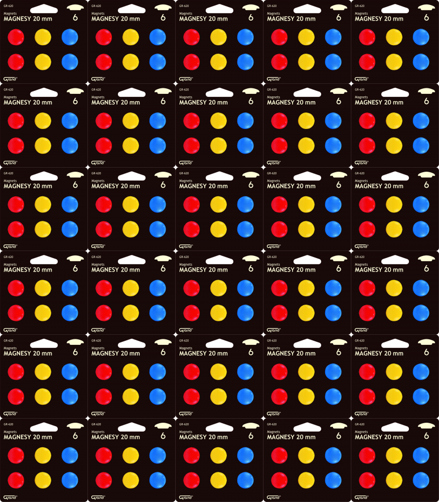 30x Magnesy Grand GR-620, 20 mm, w blistrze, 6 sztuk, mix kolorów