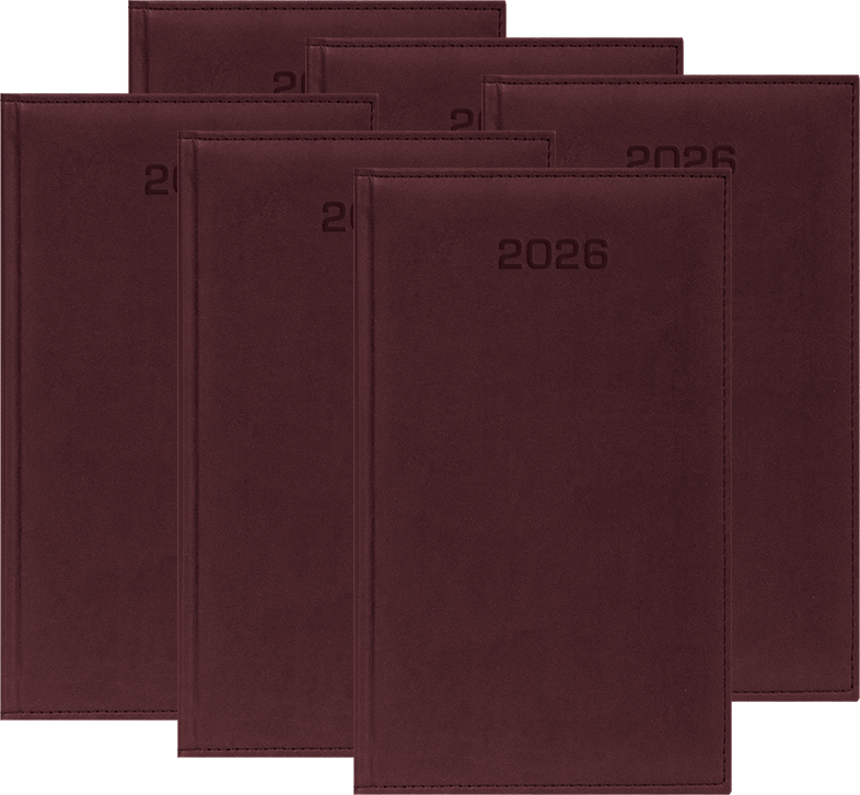 6x Kalendarz książkowy 2026, kieszonkowy, Udziałowiec, Lux, 92x155mm, tygodniowy, bordowy