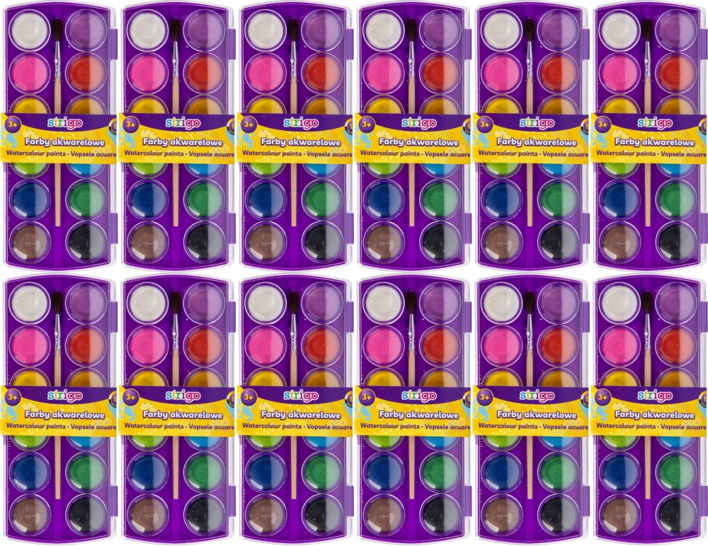12x Farby akwarelowe Strigo z pędzelkiem, 12 sztuk, mix kolorów