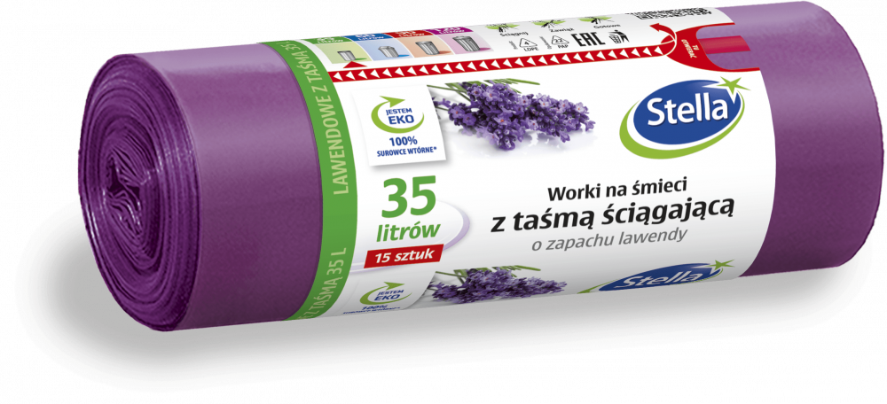 Worki na śmieci Stella, na odpady zmieszane, ekologiczne, 35l, 15 sztuk, lawendowe, fioletowy