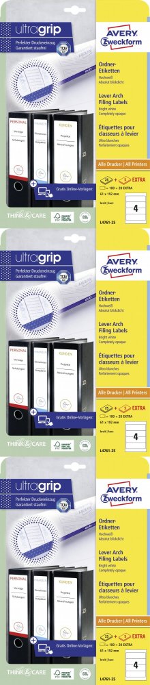 3x Etykiety do segregatorów Avery Zweckform, samoprzylepne, szerokie, 61x192mm, 25 arkuszy + 5 gratis,, biały