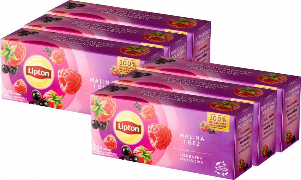 6x Herbata owocowa w torebkach Lipton, malina i bez, 20 sztuk x 1.6g