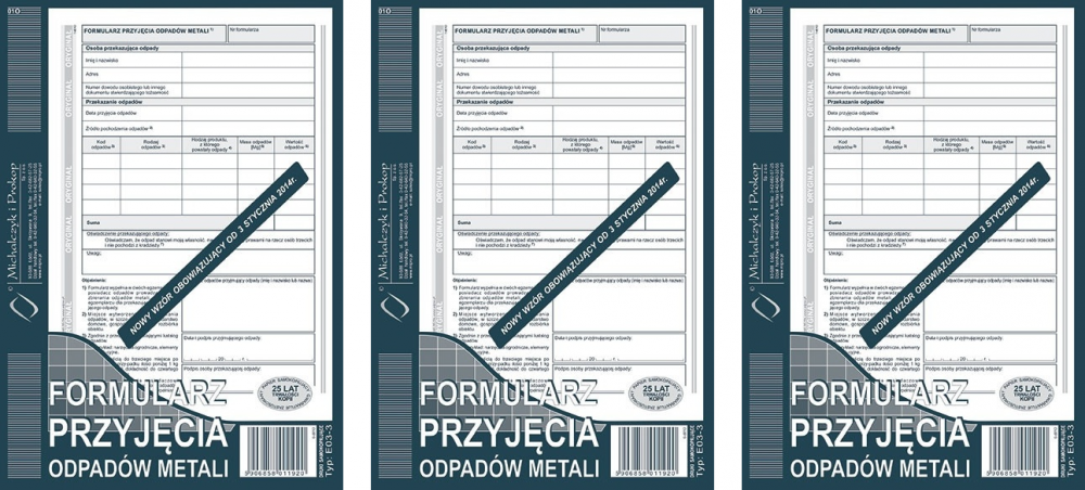 3x Druk akcedensowy Formularz przyjęcia odpadów metali MiP E03-3, A5, samokopiujący, 80k